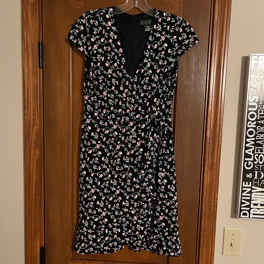Jessica Howard Navy Floral V-Neck Faux Wrap Dress